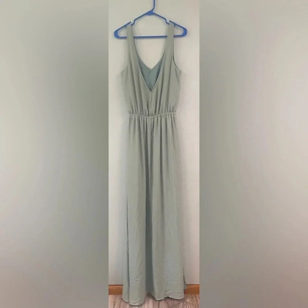 Show Me Your Mumu Kendall Chiffon Maxi Dress V-neck Size Large Silver Sage Blue - Picture 7 of 10